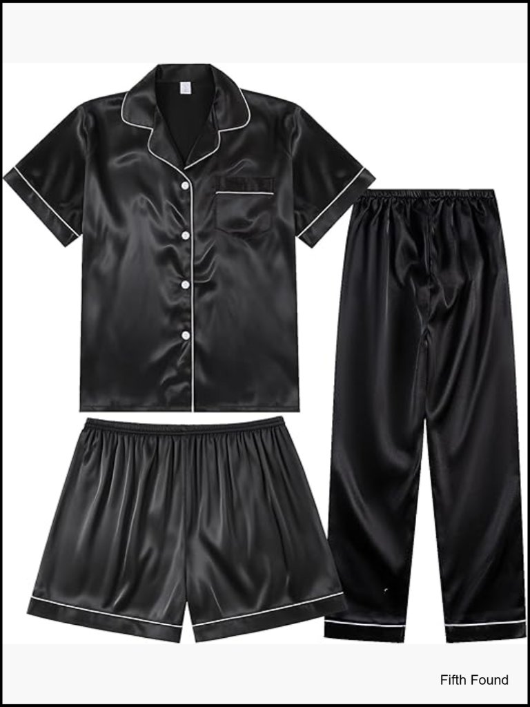 Silk Satin Pajama Set Short Sleeve Button Down Top With Shorts And Pants